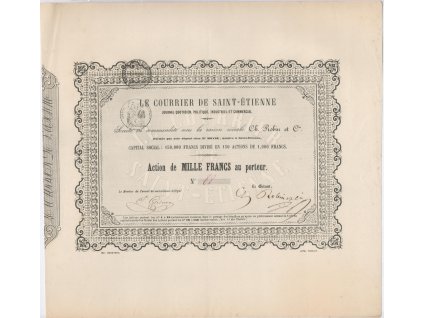 Akcie, Le courrier de Saint - etienne, 1000 Franků, Paříž, 1912