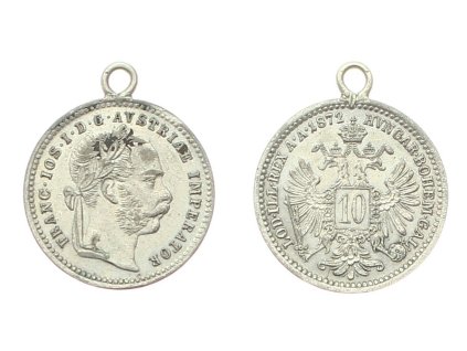 Rakousko - Uhersko, stříbrný medailonek s dobovým ouškem F.Josef I.10  Krejcarů 1872, stav 1/1