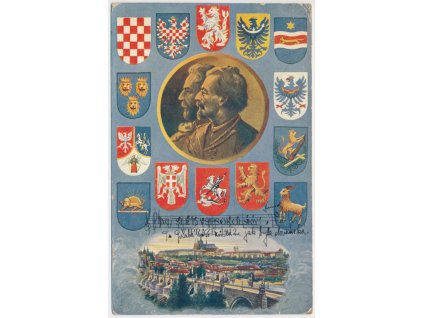49 - Praha, erbová koláž s pohledem na město, cca 1911
