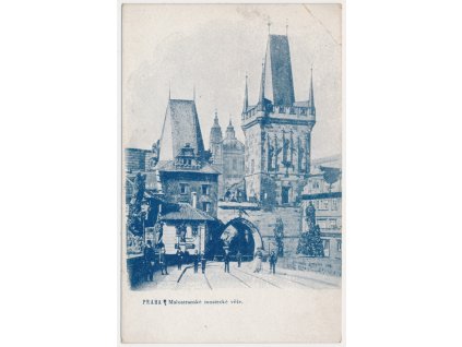 49 - Praha, Malostranské mostecké věže, oživená partie, cca 1904, vada-lom v růžku