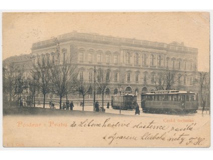 49 - Praha, budova České techniky na Karlově náměstí, lidé, tramvaje..., 1899