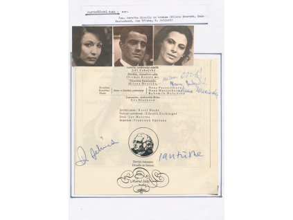 Divadlo za branou - Dvorská M., Tříska J., Maciuchová H., Pastejříková H., Jelínek R., sběratelský list s vl. podpisy herců a hereček