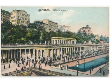 25 - Karlovy Vary (Karlsbad), Mühlbrunnen, oživená Mlýnská kolonáda, cca 1911