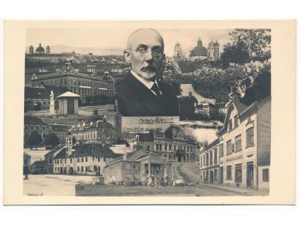 67 - Třebíčsko, Jaroměřice nad Rokytnou, koláž dominant města a portrét O. Březiny, cca 1933