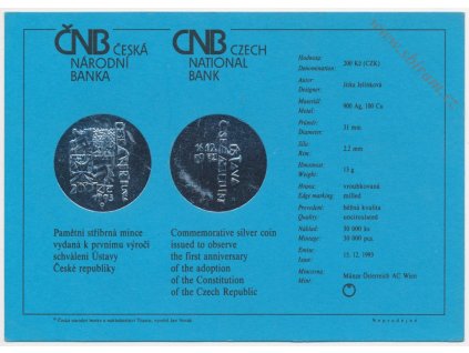 ČR, certifikát k Ag minci 200,-Kč, 1993 - 1. výročí schválení ústavy ČR