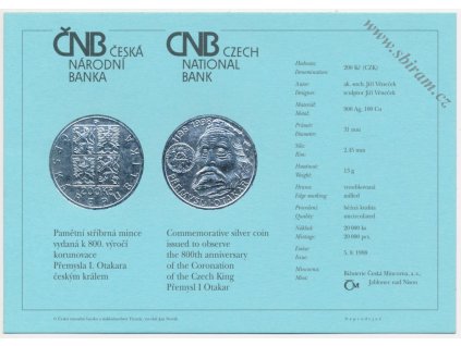 ČR, certifikát k Ag minci 200,-Kč, 1998 - 800. výročí korunovace Přemysla Otakara I.