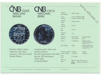 ČR, certifikát k Ag minci 200,-Kč, 2000 - 150. výročí narození Zdeňka Fibicha