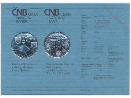 ČR, certifikát k Ag minci 200,-Kč, 2005 - 200. výročí bitvy u Slavkova