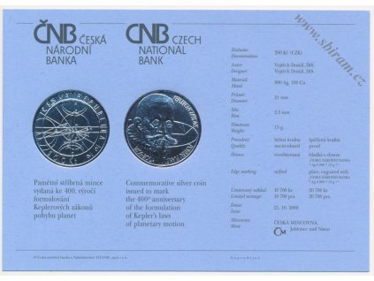 ČR, certifikát k Ag minci 200,-Kč, 2009 - 400. výročí formulování Keplerových zákonů pohybu planet