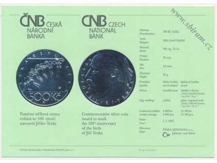 ČR, certifikát k Ag minci 500,-Kč, 2012 - 100. výročí narození Jiřího Trnky