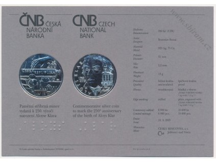 ČR, certifikát k Ag minci 200,-Kč, 2013 - 250. výročí narození Aloyse Klara