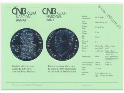 ČR, certifikát k Ag minci 500,-Kč, 2013 - 100. výročí narození Beno Blachuta
