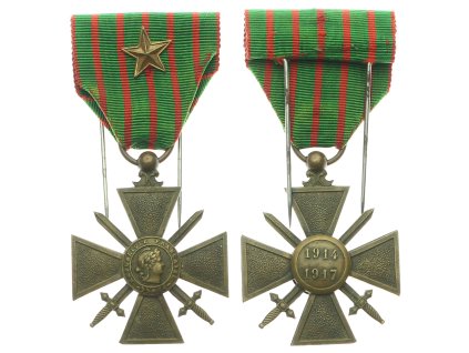 Francie, válečný kříž (Croix de Guerre), 1914/1917, stuha s bronzovou hvězdou, stuha, stav 1/1/1