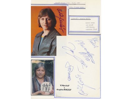 Neckář Václav (1942); Hudební skupina Bacily; sběratelský list s vl. podpisy členů skupiny