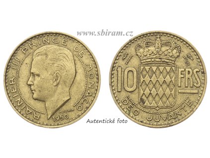 Monako, mince 10 Franků, 1950...viz autentické foto