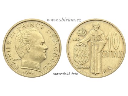 Monako, mince 10 Centimů, 1962...viz autentické foto