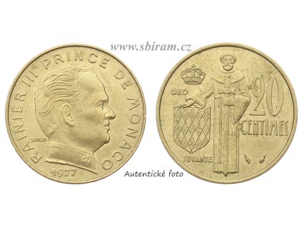 Monako, mince 20 Centimů, 1977...viz autentické foto