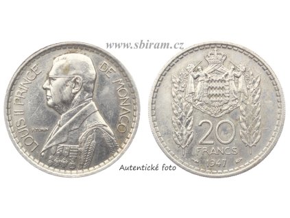 Monako, mince 20 Franků, 1947...viz autentické foto