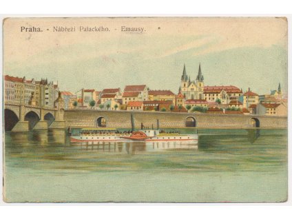 49 - Praha, Emauzy, Palackého nábřeží, parník Vyšehrad, cca 1913