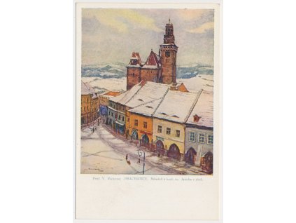 48 - Prachatice, Náměstí s kostelem sv. Jakuba v zimě, V. Materna, cca 1935