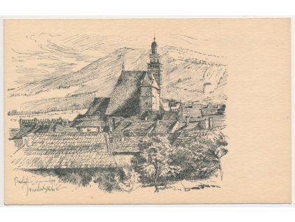 48 - Prachatice, Pohled na město, reprodukce perokresby J. Skrbka, ca 1919