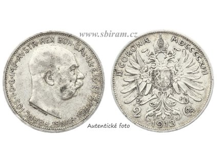 Rakousko - Uhersko, Ag (stříbrná) mince 2 Koruna, 1913...viz autentické foto