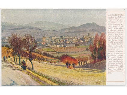 58 - Semilsko, Turnov, oživený pohled na město, akad. malíř V. Malý, cca 1925