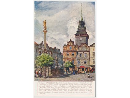 44 - Pardubice, oživené náměstí s morovým sloupem, akad. malíř V. Malý, cca 1925