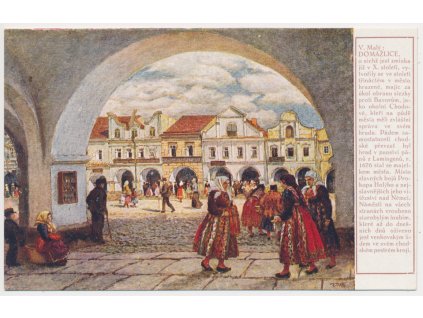 15 - Domažlice, oživená partie z podloubí na náměstí, akad. malíř V. Malý, cca 1925