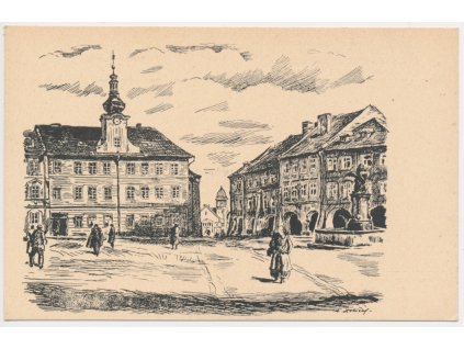 19 - Hradec Králové, Malé náměstí, perokresba ak. mal. A. Doležala, cca 1924