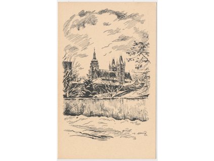 19 - Hradec Králové, V zimě, perokresba ak. mal. A. Doležala, cca 1924