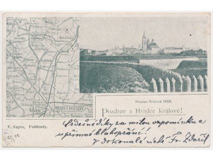 19 - Hradec Králové, koláž, mapa a pohled na město r. 1866, prošlá poštou 1900