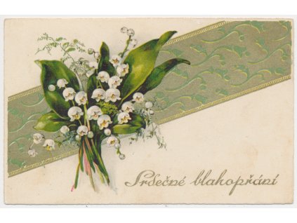 Blahopřejná pohlednice, Srdečné přání s konvalinkami, cca 1935
