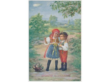 Srdečné blahopřání, Děti v lidových krojích, cca 1935