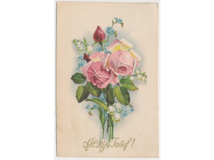 Blahopřejná pohlednice s růžemi, "Ať žije Josef!", cca 1927