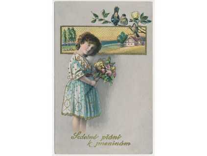 Srdečné přání k jmeninám, koláž s holčičkou, cca 1918