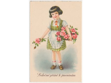Srdečné přání k jmeninám, holčička s růžemi, cca 1935