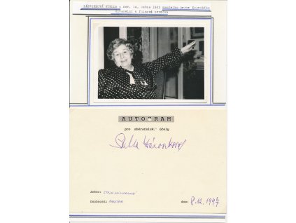 Zázvorková Stella (1922-2005), česká herečka, sběratelský list s vl. podpisem