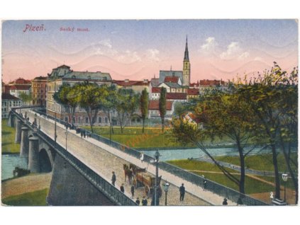 47 - Plzeň, Saský most, oživená partie s koňským povozem, cca 1930