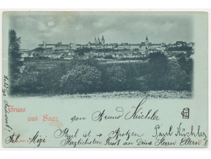 34 - Lounsko, Žatec(Saaz), celkový pohled na město, prošlá poštou 1898