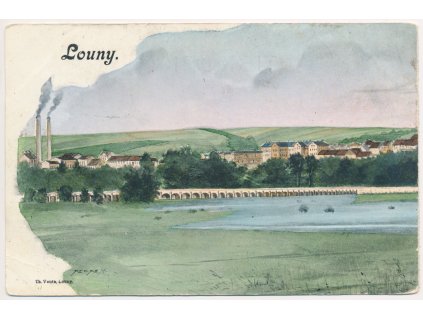34 - Louny, koláž, pohled na město, most, cca 1900