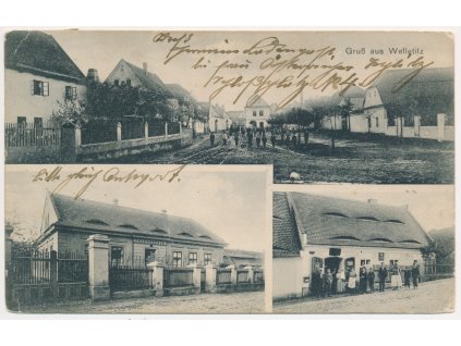 34 - Lounsko, Veletice (Welletitz), 3 záběr, oživené partie z obce, cca 1914