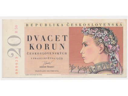ČSR, 20 Kčs, 1949, série B 50, neperforovaná, krásný stav 0