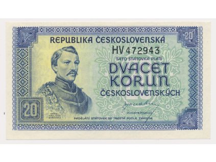 ČSR, 20 Kčs, bez data (1945), série HV, neperforovaná, luxusní sběratelská jakost UNC