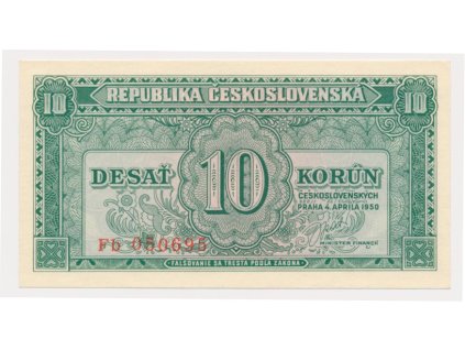 ČSSR, 10 Kčs, 1950, série FB, neperforovaná, luxusní sběratelská jakost UNC