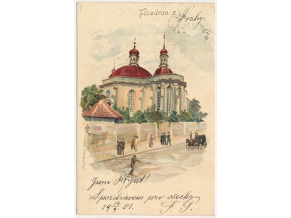 49 - Praha, Litografie, Karlov, oživená partie před klášterem, cca 1901