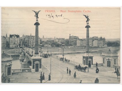 49 - Praha, Oživená partie s pohledem na most Svatopluka Čecha, 1908