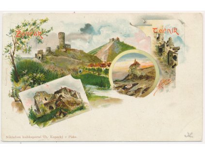 02 - Berounsko, 4 záběrová litografie hradů Točník a Žebrák, cca 1899