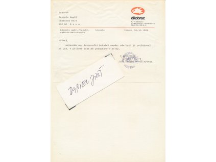 Daniel Jiří (1945), grafik, karikaturista, ilustrátor, sběratelský list s vl.podpisem