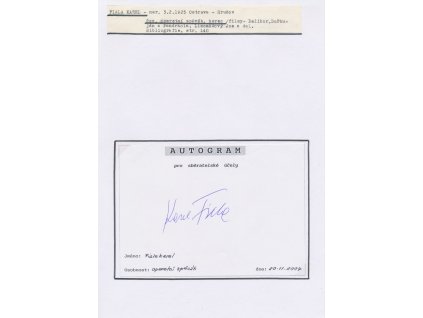 Fiala Karel (1925-2020), operní a operetní pěvec, herec, sběratelský list s vl. podpisem